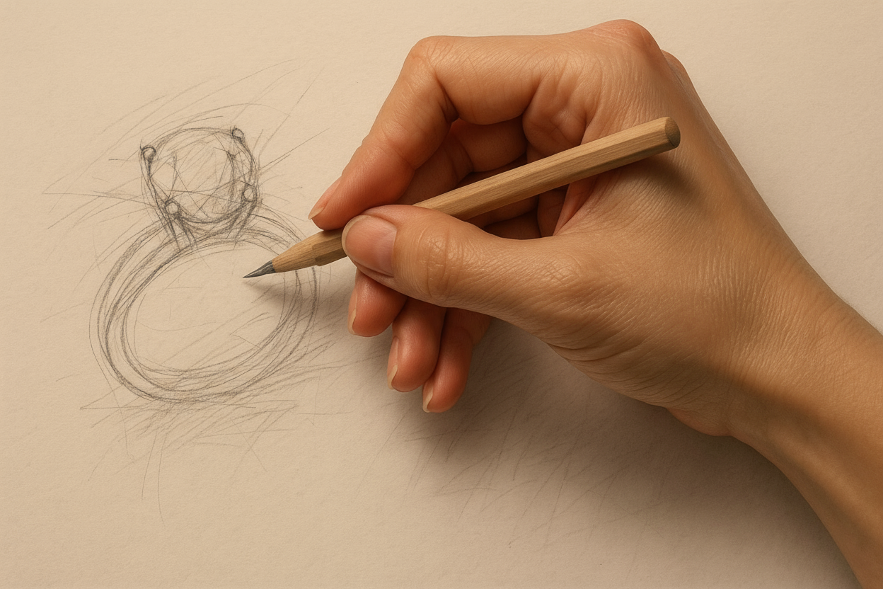 Hand holding a pencil drawing a solitaire ring by KANSO